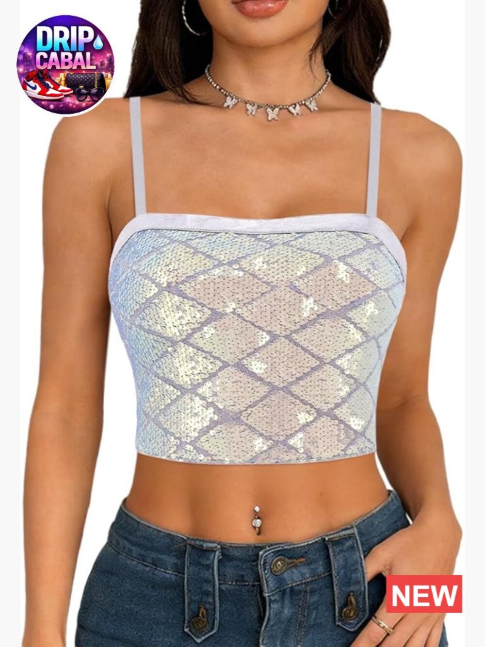 Glitter Sequin Crop Top Silky Satin Spaghetti Strap Camisole Tank Top